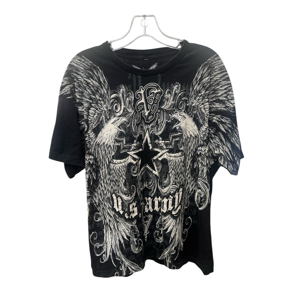 Y2K Apprime Army T-Shirt Size Large Black All Over Print Grunge Eagle Wings